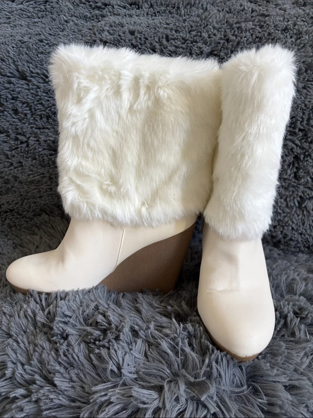 Jennifer Lopez White Faux Fur Wedge Boots with Tan Wedge